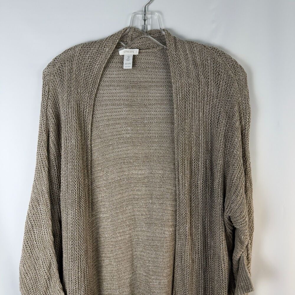 Chicos XL Linen Blend Women Open Front Cardigan 3/4 Sleeve Knit Normcore Pocket - Picture 2 of 9
